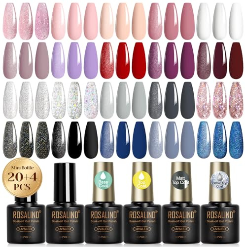 ROSALIND UV nagellack set, 20+4 delar gel nagellack med baslack & topplack, matt & glitter topplack, mini färggel för gel naglar lila röd grå svart blå UV nageldesign