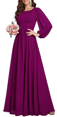 Ever-Pretty Robe Demoiselle d'honneur Femme Longue Manches Longues Col Rond Mousseline Chic Rouge-Violet 36