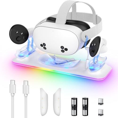 Charging Dock for Meta Quest 3S/3, Magnetic Charging Station for Oculus Quest 3S/3 Accessories with RGB Light, Charging Stand for VR Headset and Controller with 2 Rechargeable Batteries