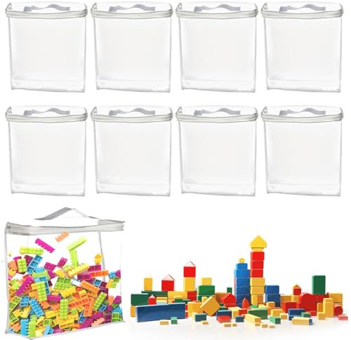 Deepton 8Pcs Toy Storage Bags with Zipper, PVC Toy Organiser Bags with Handle, Clear Waterproof Storage Bags for Building Blocks, Puzzles, Clay, Small Models, Board Games, Books