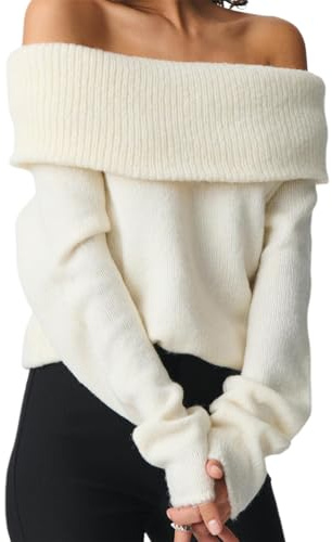 SANSIWU Womens Off The Shoulder Sweater Y2K Oversized Long Sleeve Slouchy Knitted Loose Pullover Sweaters Tops Streetwear (E-02, M)