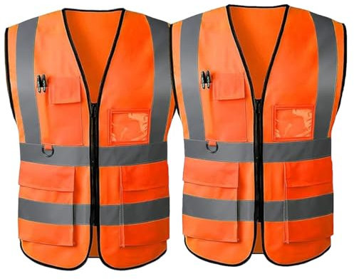 2 Stück Orange Sicherheitsweste Reflektierende Weste Arbeitsweste Reflektierende Jacke Cloth-Warnschutzweste mit Reißverschluss und Taschen Arbeitsweste-Unisex Bleiben Sie Sicher und Sichtbar