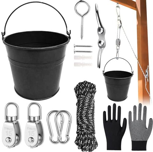 Flaschenzug Kinder,Zubehör fürs Baumhaus Spielturm,Riemenscheibe mit Eimerkabel,Flaschenzug mit Metalleimer,Kinder-Riemenscheibensystem Spielturm Zubehör,Gartenspielzeug für ab 3 Jahren