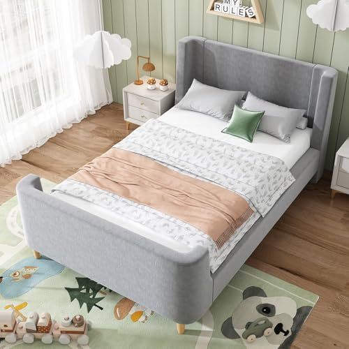 PUGSDRLY Lit Enfant 90x200cm avec Motif Cosmique,Lit 1 Place en Forme de Traîneau,Tissu Velours Cadre de lit pour garçons et Filles,sans Matelas (Gris)