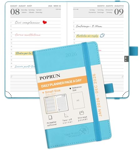 POPRUN Agenda de poche 2026 Journalier 16 x 10,5 cm - Couverture Souple en PU Cuir, 1 Page par Jour A6 petite Planner, D'Jan 2026 à Déc 2026, Signet à 2 rubans, Papier 70 g/m², Bleu vert