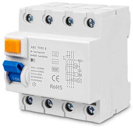 FI Schutzschalter 40A 30mA 4Polig, Typ B Fehlerstromschutzschalter, Fi Schutzschalter RCD 40A 30mA 4 Polig, Allstromintensiv Schalter Automat Sicherung