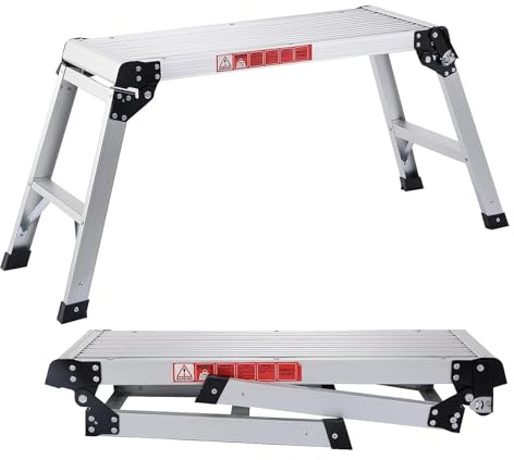 FANTASK Plateforme de Travail Pliable en Aluminium avec serrures de sécurité, marchepied - Capacité de Charge de 150 kg - avec Tapis antidérapants - Escabeau pour Atelier, Maison, Bureau et Garage