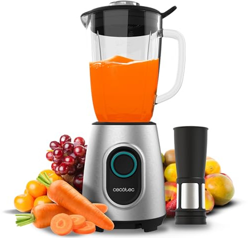Cecotec Batidora de Vaso Power Black Titanium 2000MAX Inox Pro. 1800W, 27800 RPM, 8 Cuchillas Titanio Negro, Jarra Vidrio 1.8L, 2 Velocidades, Pulse, Pica Hielo, Lavavajillas, Filtro Licuado, Acero