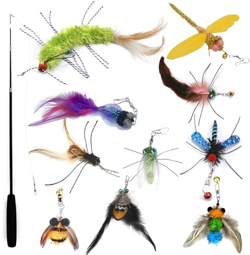 Hjvvr Cat Feather Toys,Cat Teaser Wand with 10pcs Kitty Insect Toys,Cats Wand Insects,Pet Wand Toys Refill