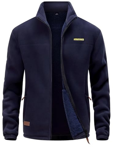 CoXuantion Hombres Chaqueta de Forro Polar Invierno Cuello Alto Ligero Chaqueta con 4 Bolsillos Cremallera Completa Manga Larga Senderismo Trekking Deportiva M,Azul