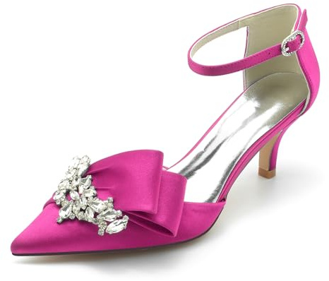 LRMYMHY Zapatos De Fiesta De Satén para Novia con Tacones Kitten De Punta Afilada Y Correa Al Tobillo,Fuchsia,36 EU