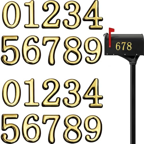 40 Pieces Mailbox Numbers for Outside, 2 Inch - 3D Gold Mailbox Numbers, Self-Adhesive Mail Box Numbers, Waterproof House Numbers for Mailbox Post, House, Apartment,Trash Bins (0-9)