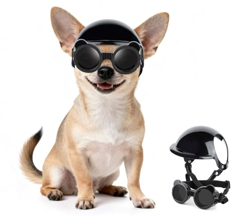 PETLESO Occhiali da sole per cani di taglia extra piccola e casco per cani di taglia XS, 2 pezzi, occhiali da sole anti-UV, set di casco protettivo per gatti, chihuahua, protezione per testa e occhi