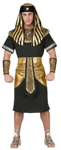 CARTOON Costume di Carnevale Faraone Uomo Tunica Nera con Cintura Dorata Collare Bracciali e Copricapo Travestimento Egizio Regale per Feste a Tema e Carnevale