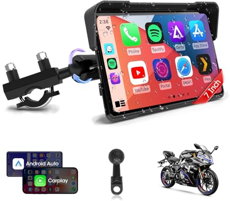 Pantalla Carplay para Motocicleta de 7 con 2 Opciones de Alimentación Inalámbrico Carplay Android Auto Pantalla Impermeable IP67 Car Play Moto Navegador Bluetooth Dual Control por Voz Mirrorlink