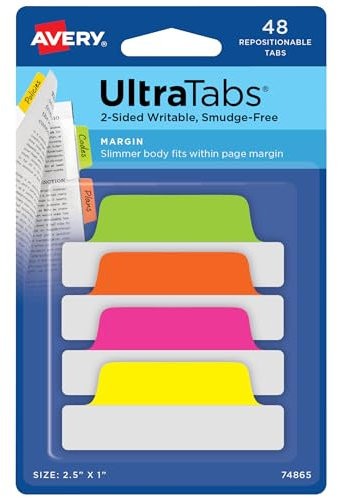 Avery Margin Ultra Tabs, 6,3 x 2,5 cm, 2-seitig beschreibbar, verschiedene Neonfarben, 48 wiederverwendbare Seitenreiter (74865)