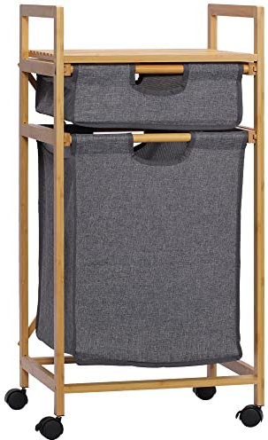 HOMCOM Wäschekorb Wäschebox mit 2 Stoffbeutel Wäschesack Wäschesammler mit Rollen Aufbewahrungskorb Bambus Naturholz+Grau 42 x 35 x 84,5 cm