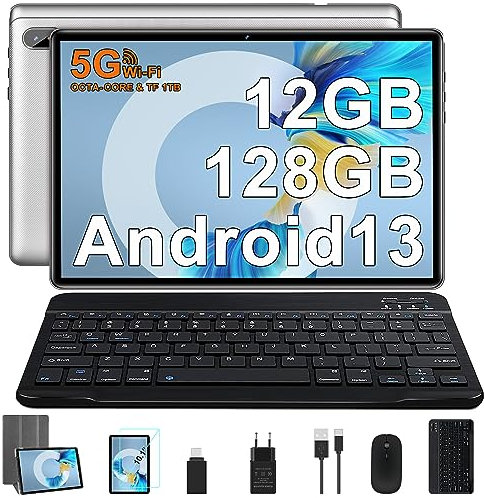 FACETEL Tablet 10 Pulgadas Android Tablet Octa-Core 2.0 GHz, 12GB RAM + 128GB ROM (2TB TF), 5G WiFi, Bluetooth 5.0, 5MP + 8MP, 1080*800 FHD IPS, Facciale ID, Widevine L1 con Teclado y Raton - Plateado
