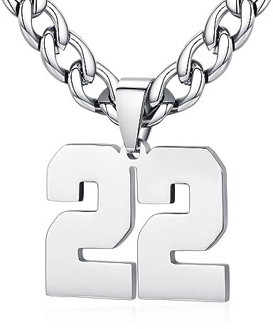 XIRUVE Herren Damen Edelstahl 0-99 Zahl Anhänger Glückszahl Jersey Nummer Sportler Halskette Personalisierte mit 6mm breite Panzerkette 22
