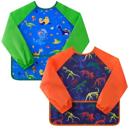 2 Pack Dinosaur Kids Art Smocks - Dino Toddler Smock Kids Apron Boys Painting Artist Smocks Cooking Baking Gardening Waterproof Artist Painting Aprons for Children with Long Sleeve Pocket Age 3-8