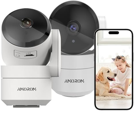 AMOROM Caméra Surveillance WiFi Camera Interieur 360°, avec Détection de Mouvement par IA, Pan/Tilt, Vision Nocturne, Audio Bidirectionnel, 2,4 Ghz WiFi, Compatible avec Alexa, 2 Pack