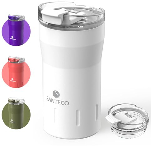 SANTECO Thermobecher- Isolierbecher, Edelstahl Travel Mug, 350ml & 500ml Vakuum auslaufsicher Reisebecher mit Deckel, Autobecher (Weiß, 350, Milliliter)