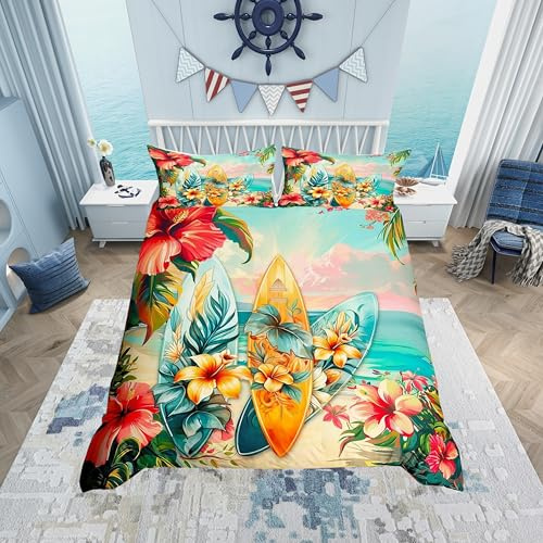 Manfei Surfing Duvet Cover Set Queen Size,Tropical Palm Trees Leaves Flowers Bedding Set for Boys Girls,Surfboards Summer Beach Comforter Cover,Blue Red Colorful Quilt Cover,2 Pillowcases(No Filler)