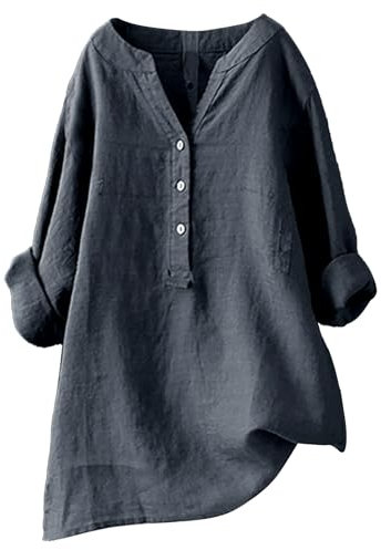 Leinen Top Damen Sommer, Vintage Oversize Tunika Shirt Langarm T-Shirt Lose Bluse Große Größen, Grau, 3XL