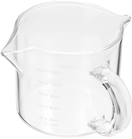 CHFYIJYHM 150ml Glass Creamer Pitcher Espresso Shot Glasses with Handle Scale Double Spouts Measuring Triple Pitcher Glass Measuring Cup Milk Mug Baking Mixing Cups(8.5X6X5.5CM)