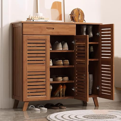 angrounps Mueble Zapatero de 4 Puertas,Armario de 4 Niveles para Zapatos,Mueble Auxiliar con Cajón y Estantes Ajustables para Entrada de Salón 127x33x90cm