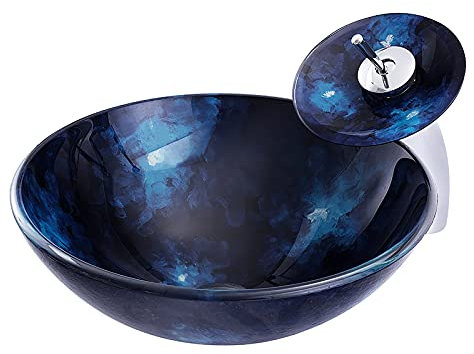 PUFAHAU Lavabo de baño de Vidrio Templado, Redondo, Azul, sobre encimera, sobre encimera, Lavabo artístico.
