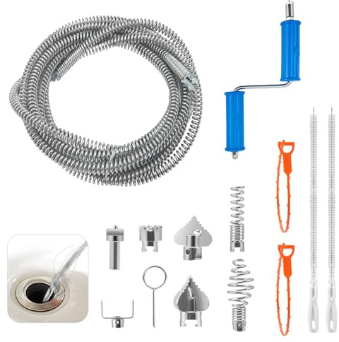 Tubo unblocking kit 5 m diametro spirale 12 mm con 6 teste di taglio pulitore per tubi + 4 ganci pulitori per lavandini + adattatore manuale, per kit stappatura WC / lavello, esterno