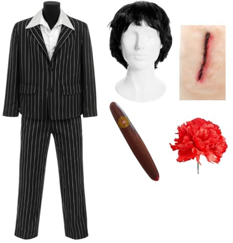 Adults Mafia Boss Costume Halloween Outfit with Pinstripe Suit White Frill Shirt Wig Cigar Rose and Slash Scar Accessory Gangster Fancy Dress Attire