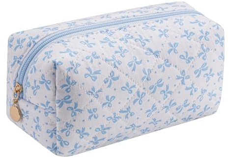 HHQQWZ Cute Floral Cotton Makeup Bag, Quilted Makeup Bag for Women Girls, Travel Floral Cosmetic Bag Zipper Make Up Pouch, Flowers Toiletry Organizer Bag (Blue/Blue BowTie)
