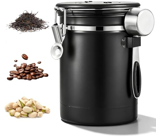 Lata de café hermética, 2,8 L, recipiente para granos de café, recipiente para granos de café con válvula de CO2 y cuchara medidora, caja de café hermética de acero inoxidable con indicador de fecha