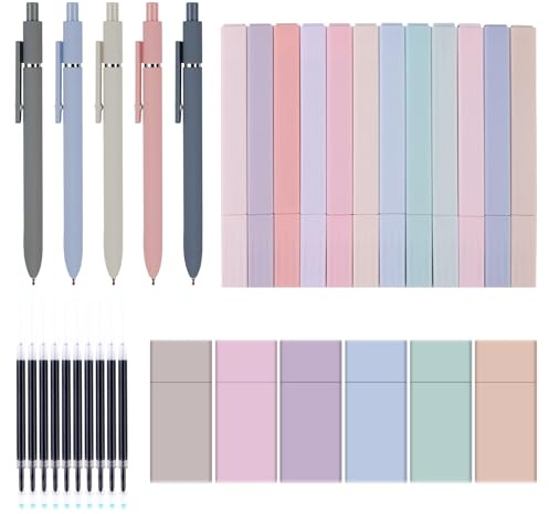 TOATELU Set di 33 evidenziatori fluorescenti pastello: 12 evidenziatori estetici, 5 pennarelli gel con inchiostro nero con 10 mine di ricambio incluse e 6 nastri correttori, materiale scolastico per