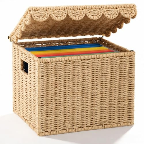 Jingmore Paper Rope File Storage Box with Scalloped Lid Collapsible Letter Size Hanging Filing Organizer Basket for Home Office, Woven Decorative Document Storage Box (Letter Size)