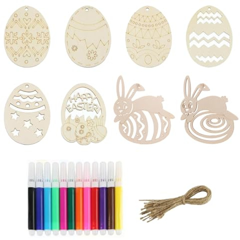 CATZUM 24 pezzi uova di pasqua da decorare, uova in legno da dipingere e colorare, pasqua decorazioni fai da te, lavoretti pasqua bambini, decorazione uova, con pennarelli, uova di pasqua da appendere