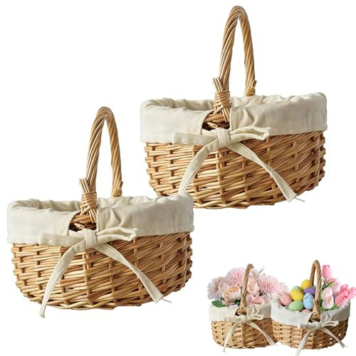 2 Piezas Cestas Pequeñas Mimbre Con Asa, Boda Flor Cesta, Cesta Para Comuniones, Para Decoraciones De Bodas, Pascua, Fiestas y Festivales; Para Dulces, Fruta, Picnics, Pequeño