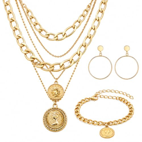 Parure Pirate Dorée 4 Pièces -Bijoux Halloween Femme Avec Collier Multirang | Alliage Doré, Idéal Accessoire Halloween Femme. Collier 35-43cm, Bracelet Réglable. Parfait Pour Soirées À Thème.