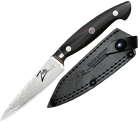 Zelite Infinity Schäl Küchenmesser 10cm – Executive-Plus-Serie – 45-lagiges Damastmesser aus Japanischem AUS-10 Superstahl – mit Tiefer Schneide und Lederscheide – Küchen Zubehör