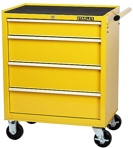 Stanley STMT1-75063 685 x 1226 x 300mm Metal Workshop Trolley Tool Storage on 4 Drawers Safety Lock Sliding Opening Reinforced Work Surface Yellow