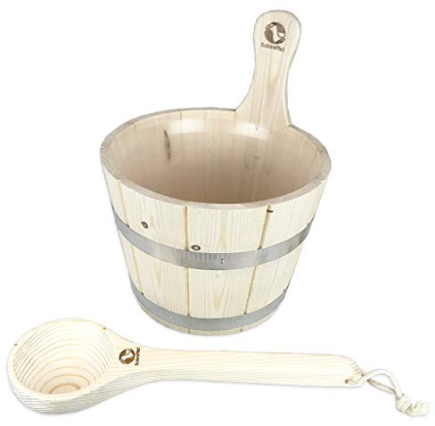 Lot de seaux de sauna en bois résineux avec seau de 5 l + 2 cerceaux en bande d'acier + insert en plastique + louche pour sauna