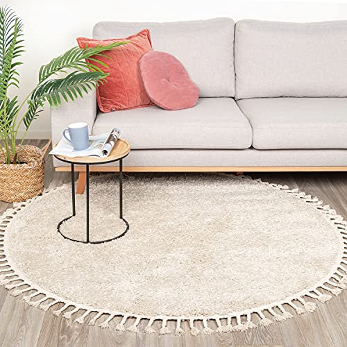 FRAAI Teppich Hochflor Rund - Lofty Fringe Creme Weiß Ø 100cm - Einfarbig - Modern, Skandinavisch - Wohnzimmer, Esszimmer, Schlafzimmer - Fellteppich - Rug