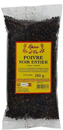 Poivre Noir En Grain 250g - Epice d'Or, 100% Naturel, En Grain, Végan, Sans Additifs ni Conservateurs Pour Une Saveur Authentique