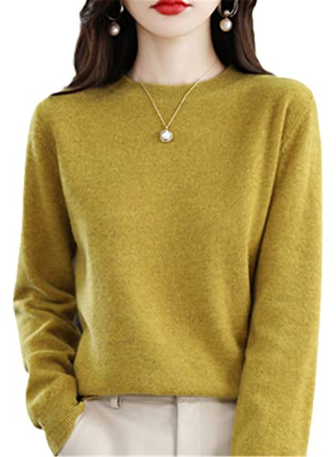 Maglione 100% lana cashmere da donna, con scollo a O, pullover casual, lavorato a maglia, autunno inverno, Giallo autunnale., M