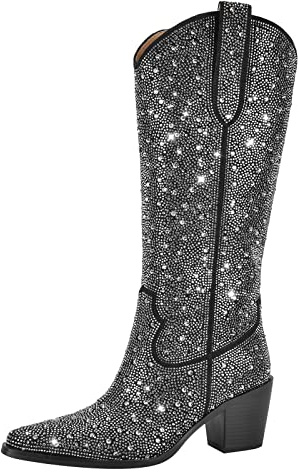 Only maker Sparkly Rhinestone Knee High Boots for Women Studded Crystals Cowgirl Cowboy Wide Calf Boots with Zippers Closed Toe Block Chunky Heels Wedding Bridal Party Dress Black Size 12