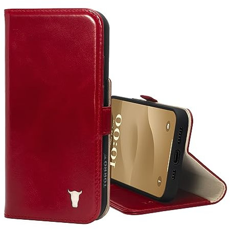 TORRO Leather Case Compatible with iPhone 15 Pro – Premium Leather Wallet Case with Kickstand and Card Slots (Compatible with Official MagSafe Chargers) - Red