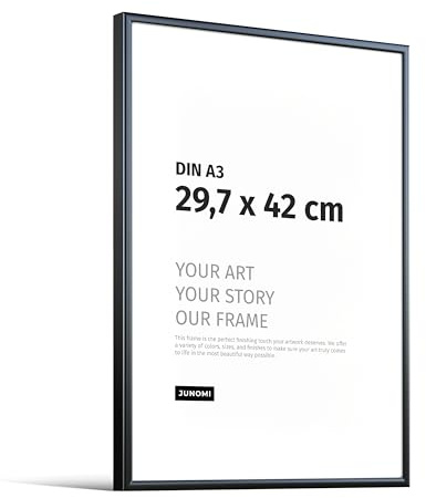 JUNOMI® Bilderrahmen DIN A3 (29,7x42 cm), Aluminium Schwarz matt | Moderner schmaler Rahmen aus Aluminium mit bruchsicherem Acrylglas, Hoch- und Querformat, für Fotos, Poster und Kunstdrucke