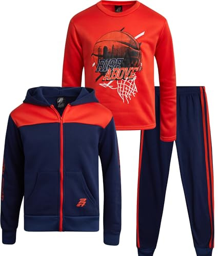 Pro Athlete Boys Tracksuit Set - 3 Piece Long Sleeve Graphic Tees Fleece Zip Up Hoodie Sweatshirt and Sweatpants for Boys, Size 8, Blue/Orange
